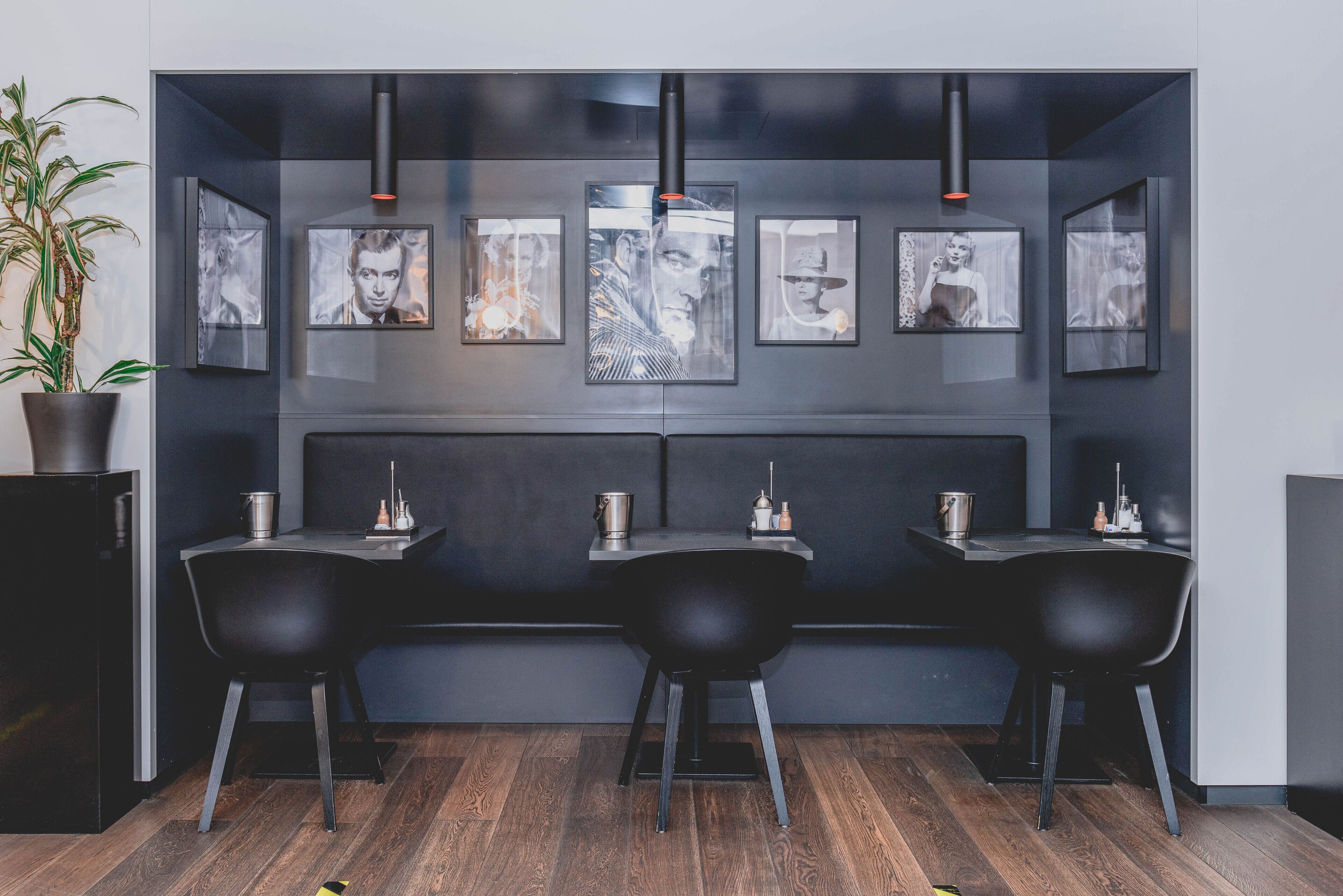 Eine moderne Bar mit zwei schwarzen Barhocker, einem Blumentopf und gerahmten Fotos an der Wand.