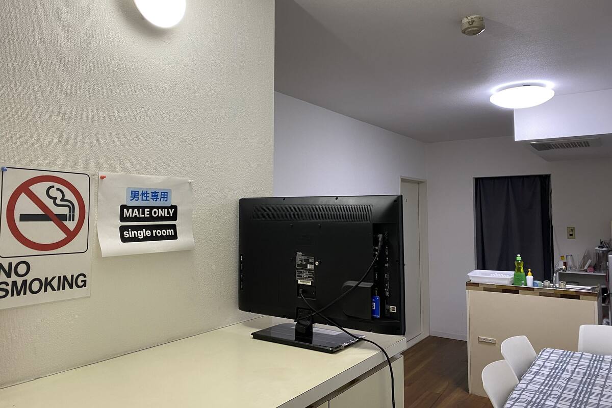 A room with a computer, a no-smoking sign, and a male-only sign.
