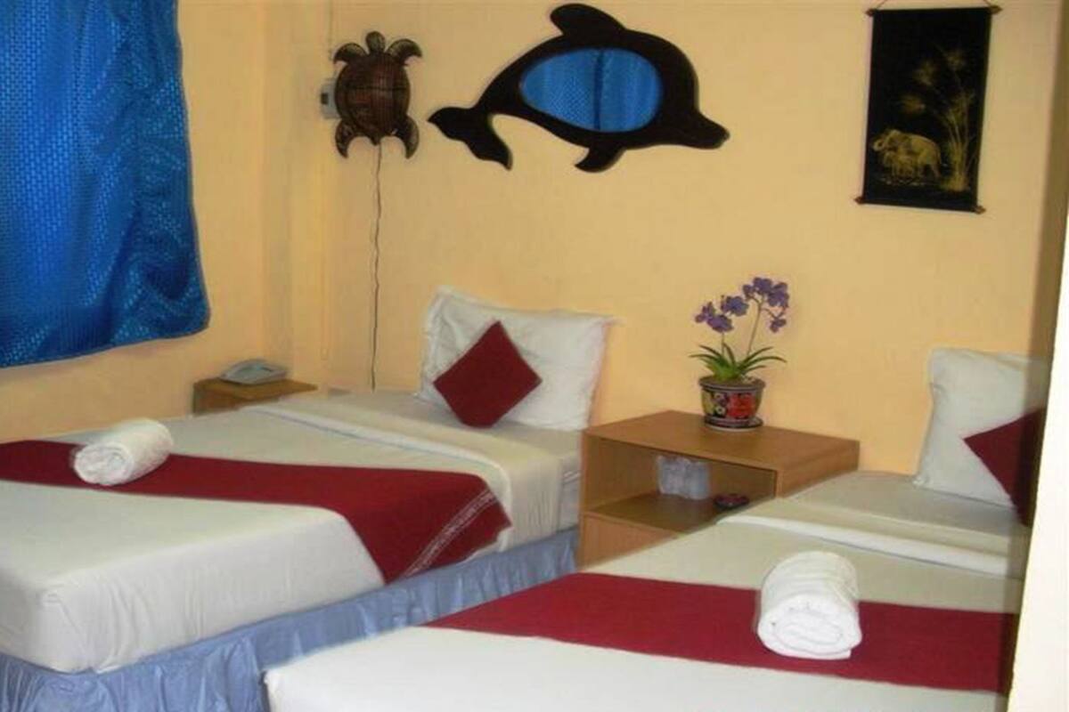 A hotel room with two beds, each with a red and white bedspread, a small nightstand, a wall-mounted lamp, and a potted orchid plant.