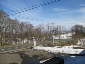 A road with snow on the sides, trees, and power lines. - Retro Boy Coffee (Yuni)