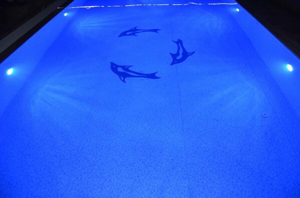 A blue-lit pool with dolphin designs. - Agva Asmali Garden - Adults Only (Sile)