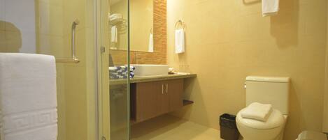 A bathroom with a glass shower enclosure, a sink with a mirror above it, a toilet, and a trash bin.