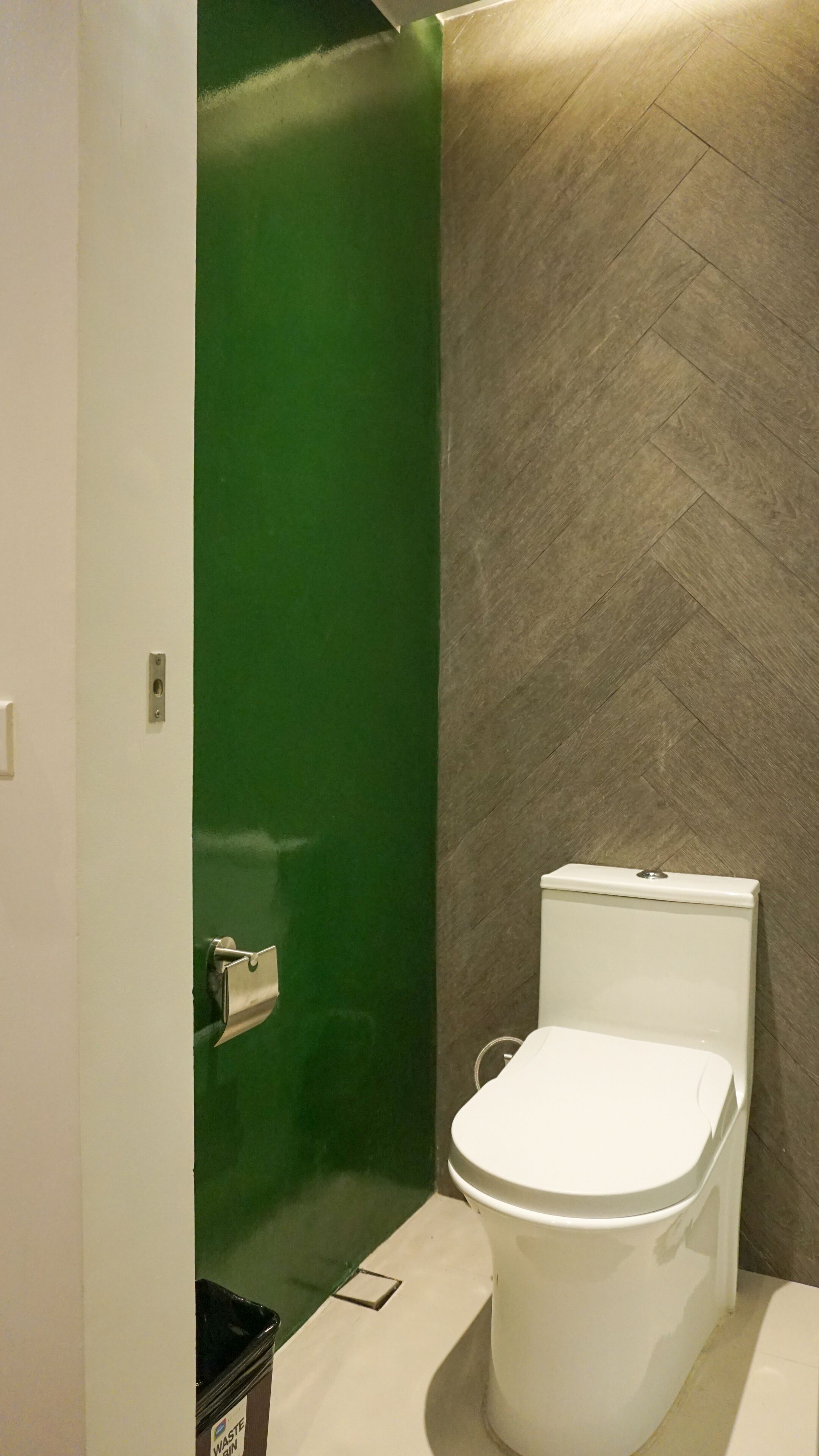A bathroom with a green wall, a white toilet, and a herringbone-patterned floor.