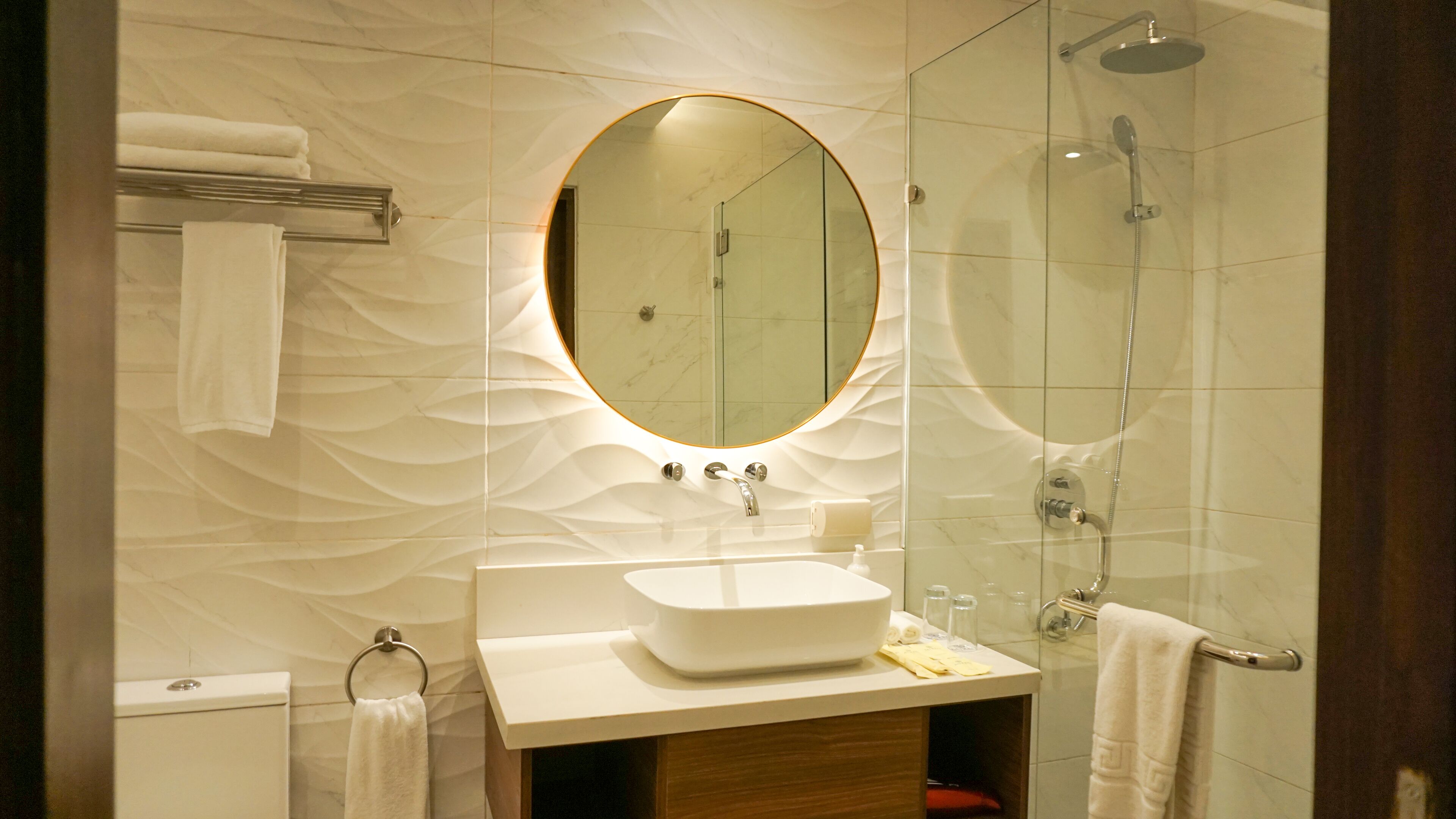 family room | bathroom | shower, free toiletries, slippers, towels