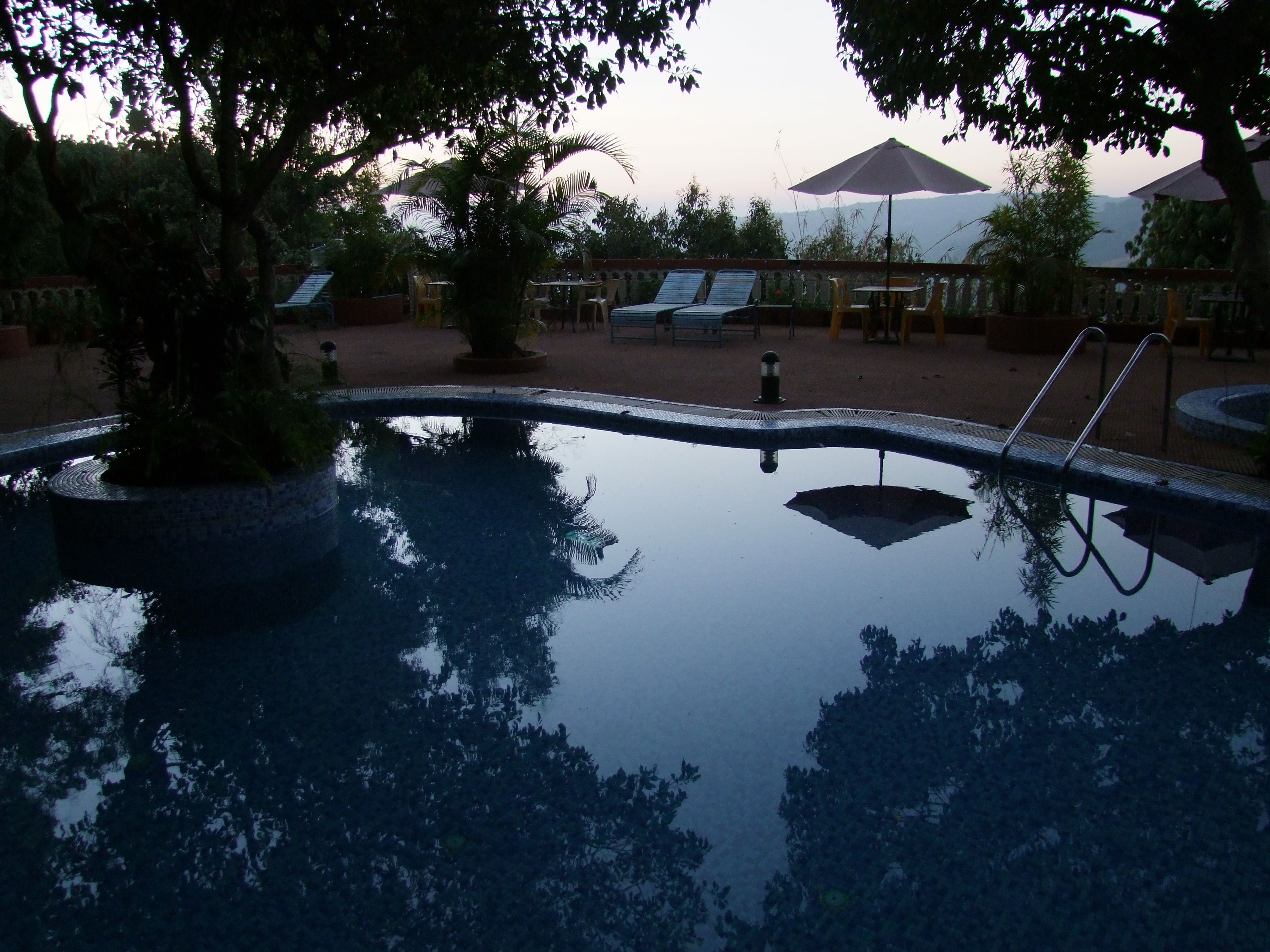 A swimming pool with a metal ladder, surrounded by lounge chairs and umbrellas, with trees and a view of distant mountains.