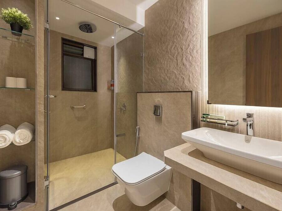 Een moderne badkamer met een douchecabine van glas, een wit toilet en een ruime wastafel met een spiegel erboven.