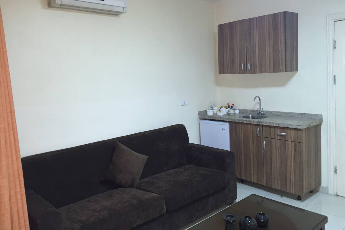 A compact living space with a sofa, a coffee table, a kitchenette with a sink and cabinets, and an air conditioning unit.