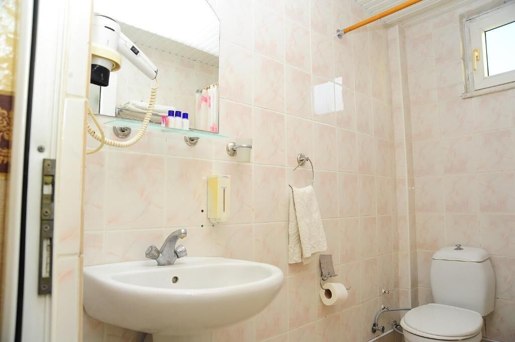 A bathroom with a sink, toilet, and a hairdryer on a shelf.