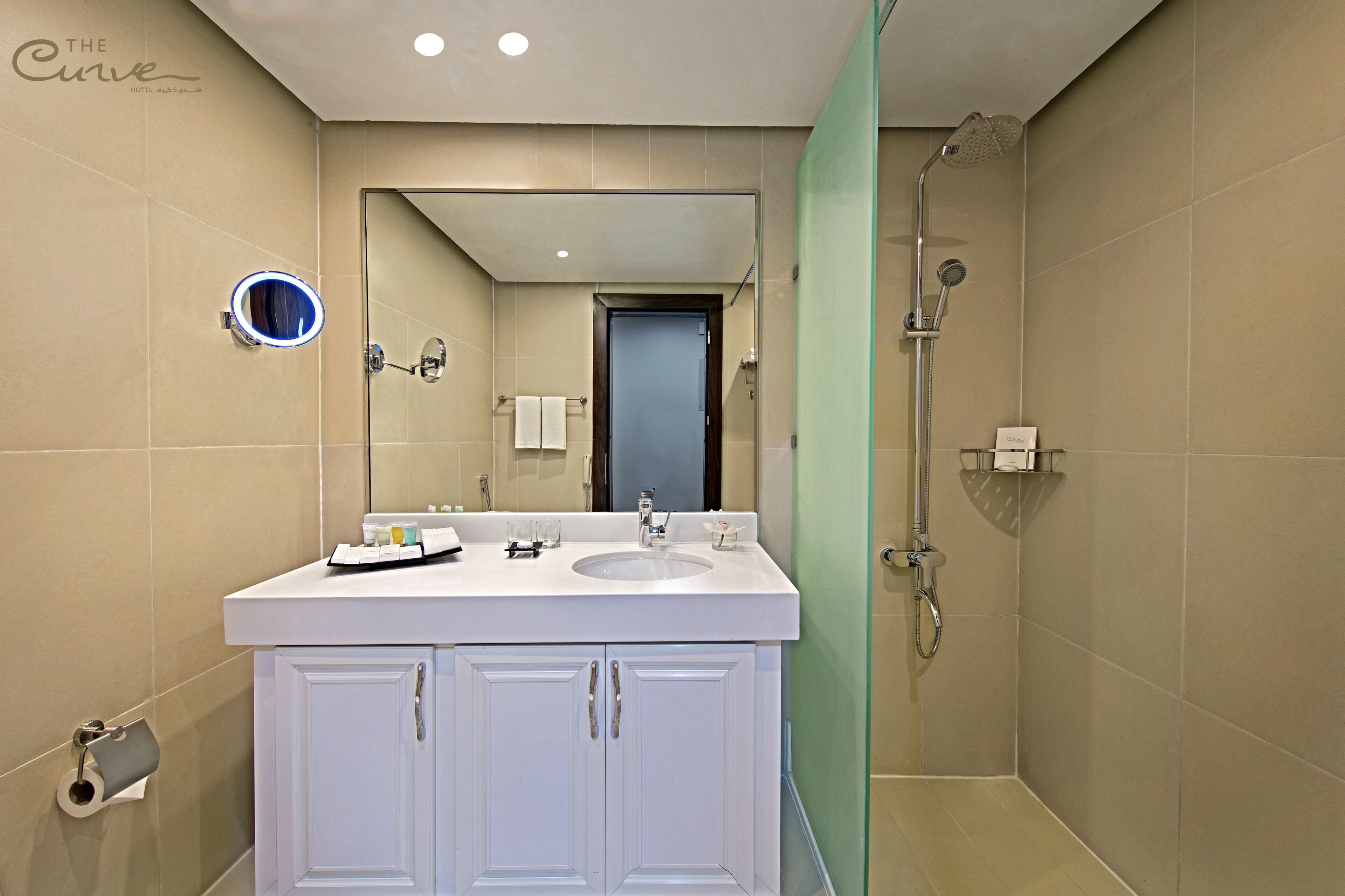 A modern bathroom with a white vanity, a mirror, a shower, and a toilet.