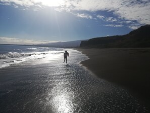 A beach with a person walking along the shore.