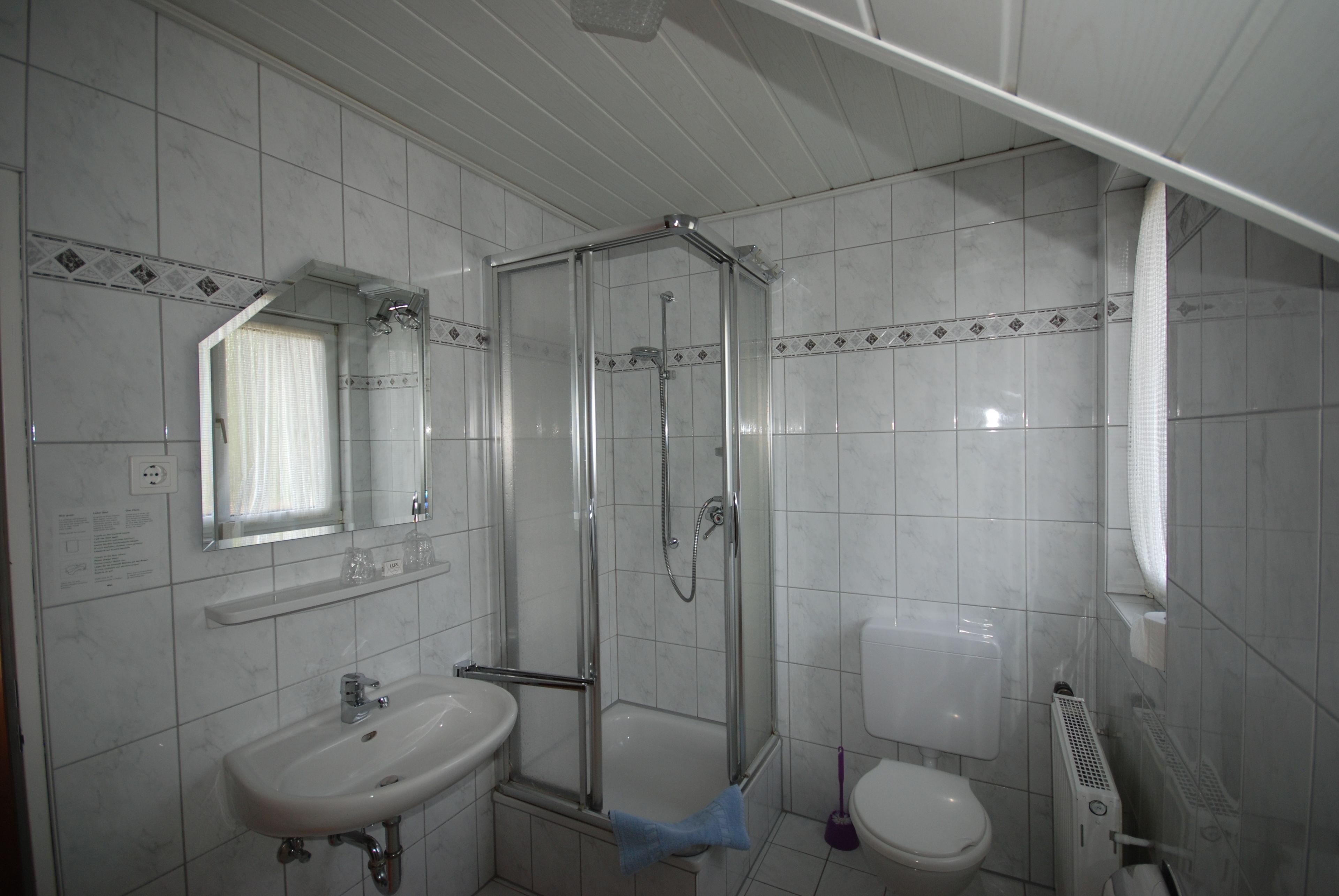 Une salle de bain équipée d’une douche, d’un lavabo, de toilettes et d’un miroir.