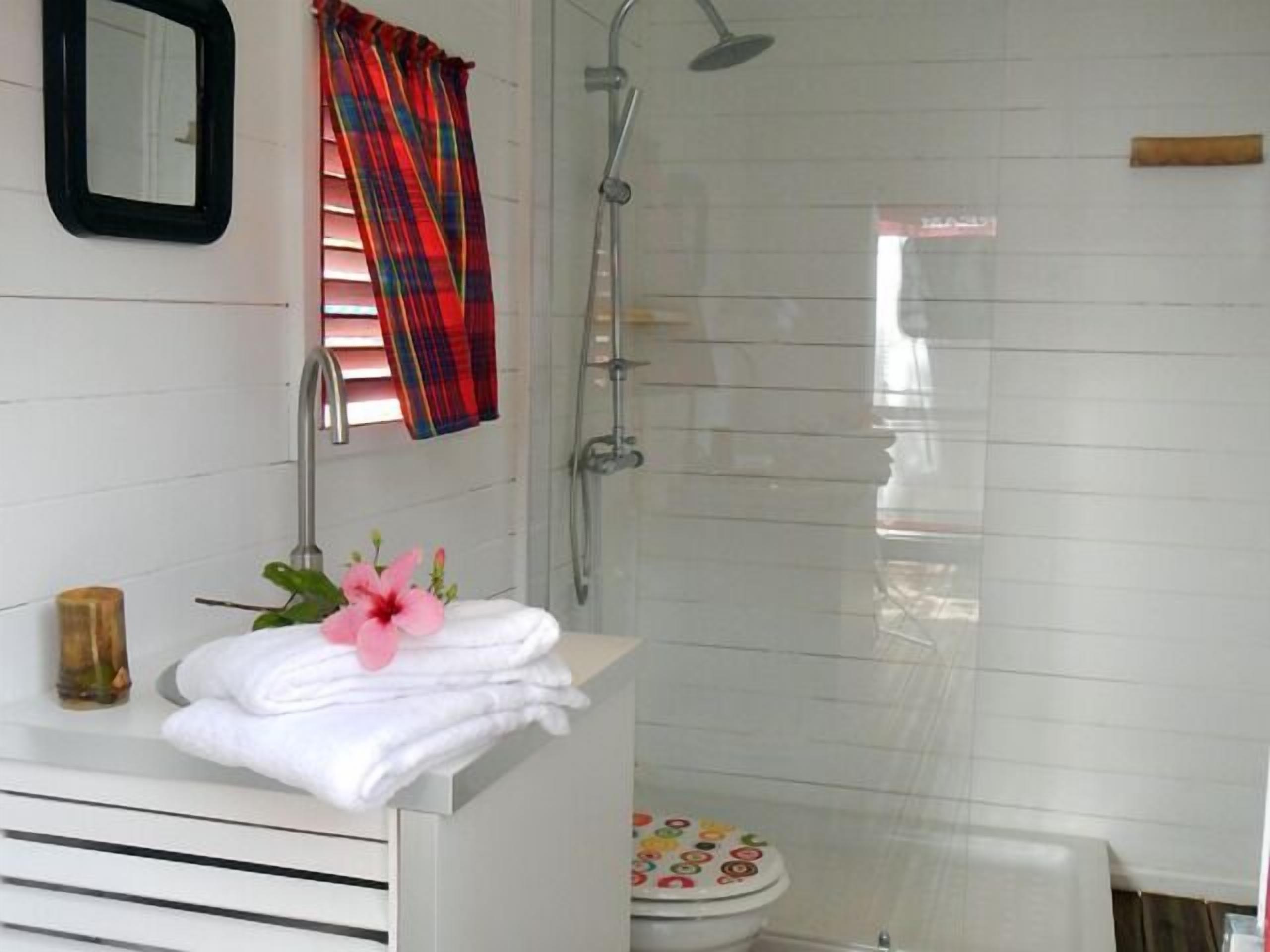 Shower, free toiletries, hair dryer, towels