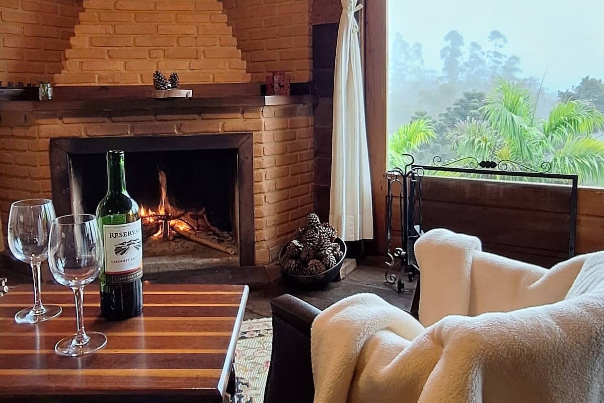Ein gemütliches Zimmer mit Kamin aus Ziegelsteinen, einem Tisch mit Weingläsern und einer Flasche, einer Couch mit Decke und Blick auf Grünflächen.