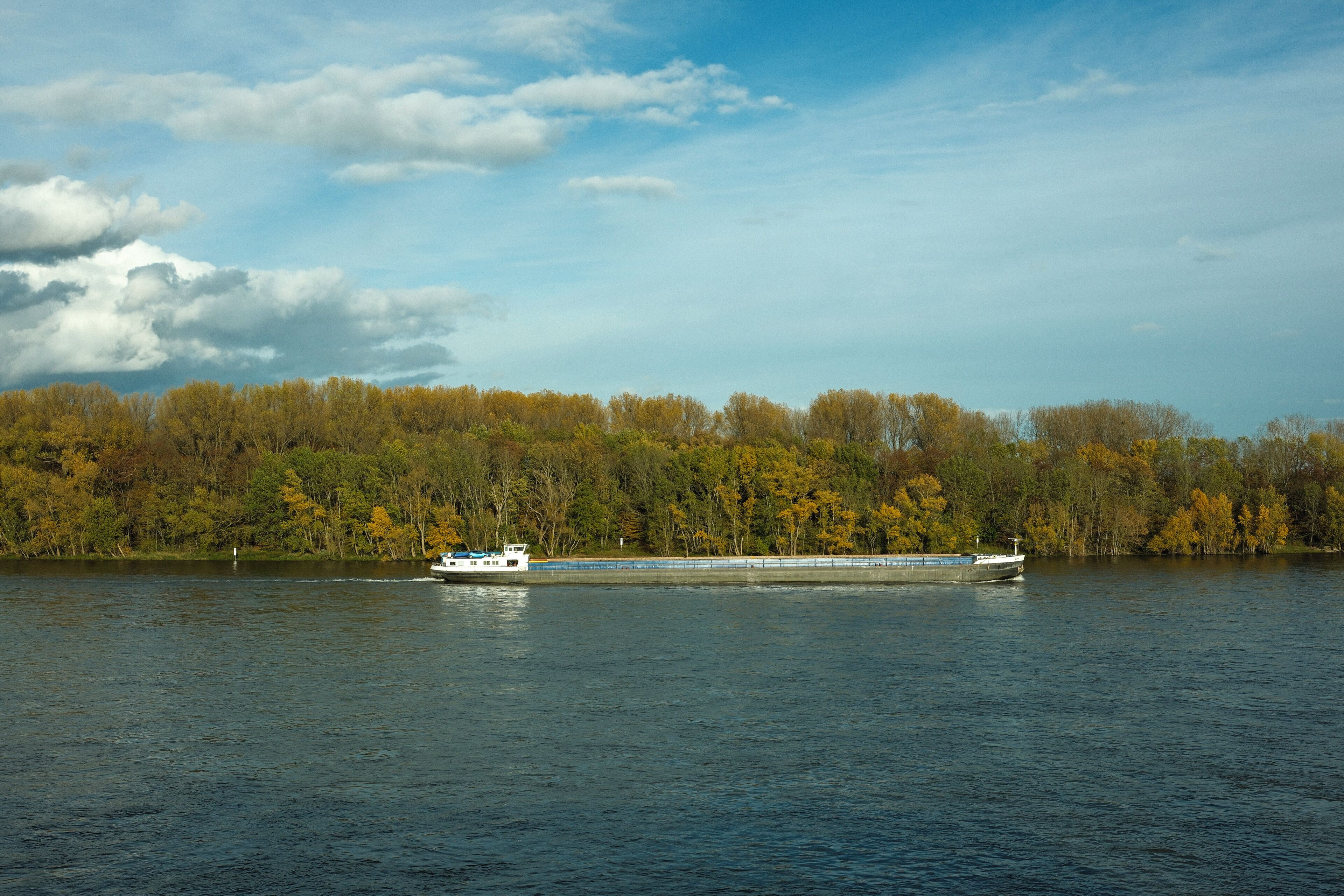 A river with a boat and a forested shoreline.