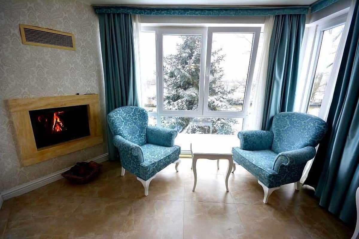 Chambre Double Supérieure, 1 grand lit, cheminée, vue fleuve | Coin séjour