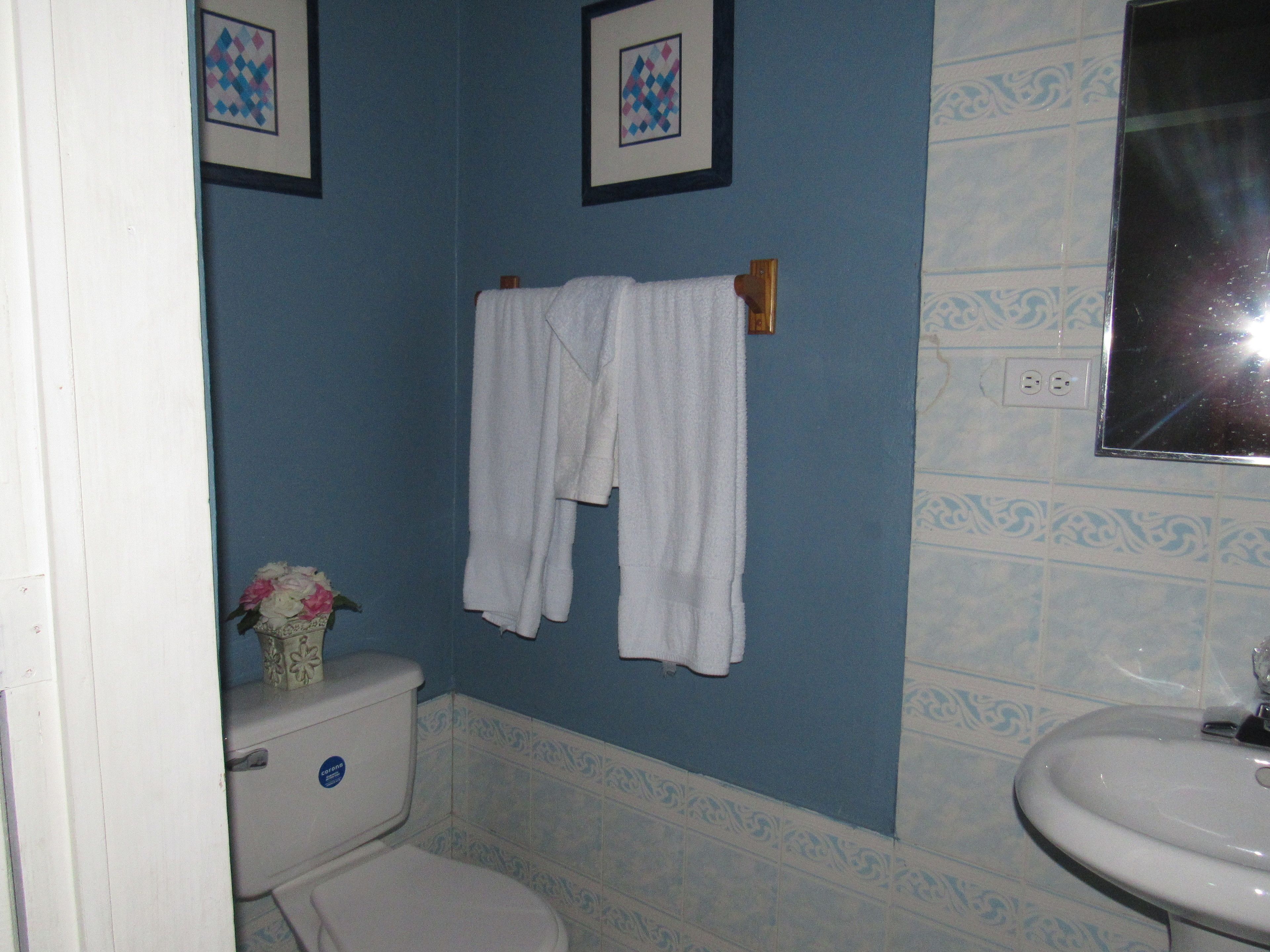 A bathroom with a toilet, a sink, and a towel hanging on a rack.