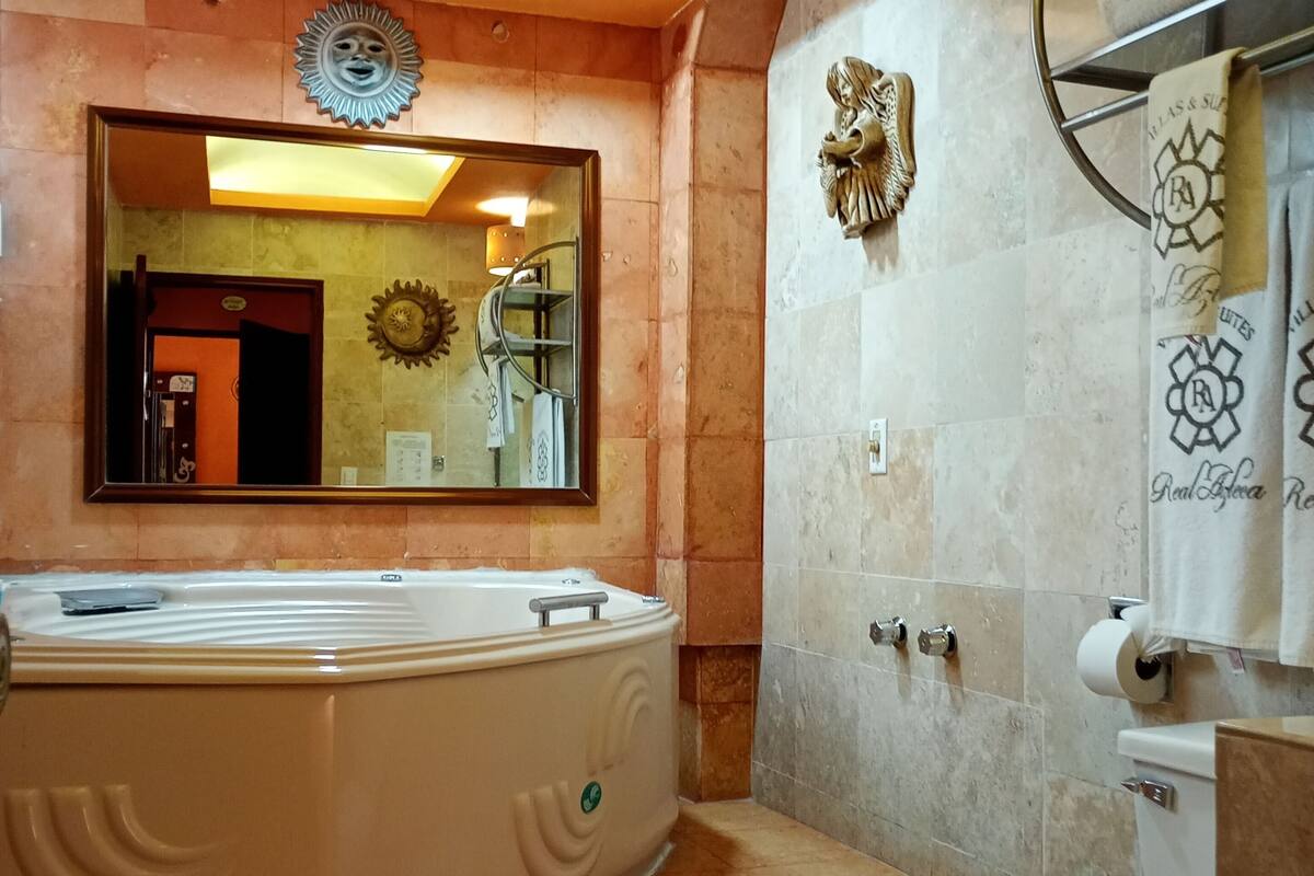 Un baño con una bañera grande, inodoro, zona de ducha y espejo.