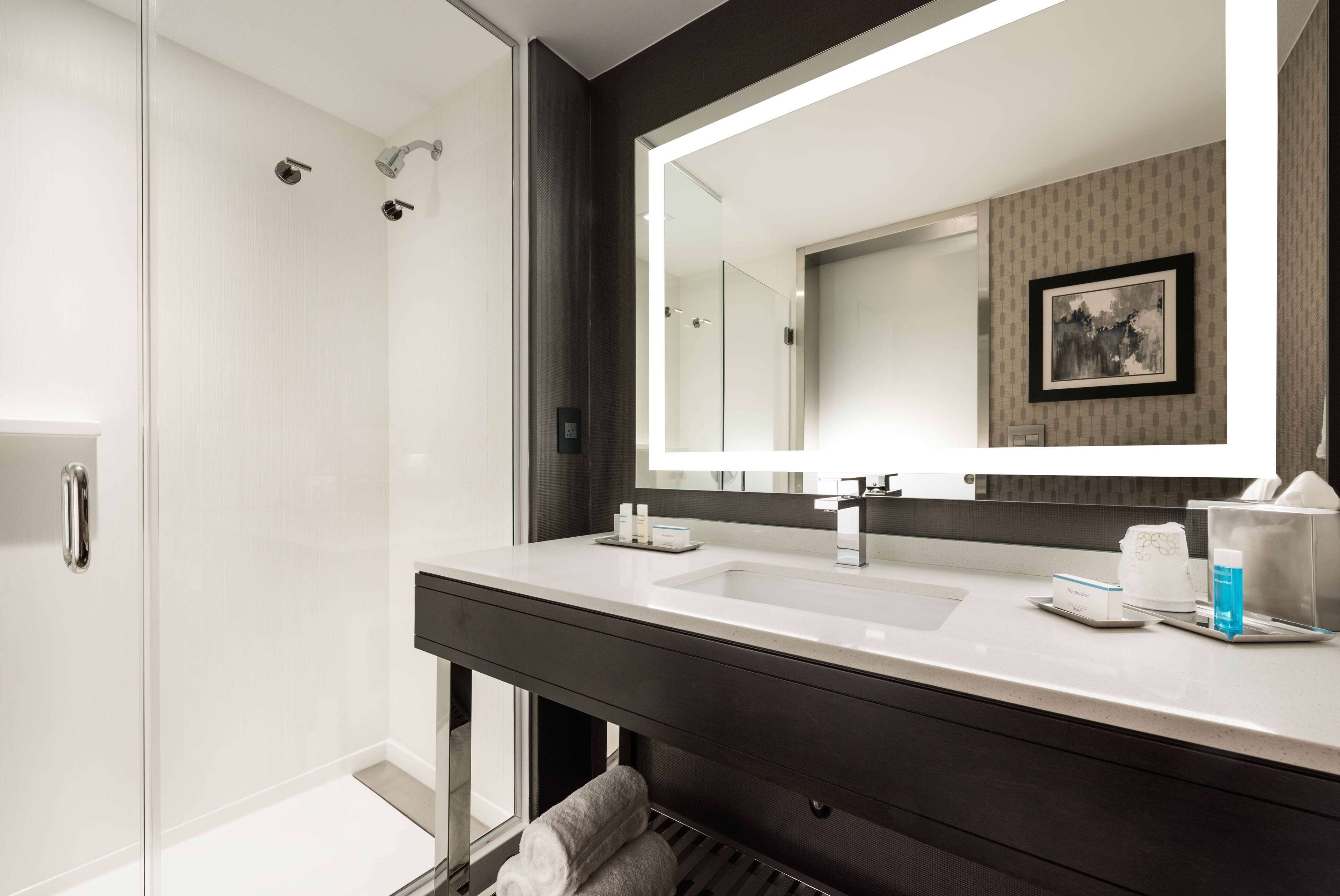 A modern bathroom with a glass shower enclosure, a large mirror, and a vanity with a sink and towel rack.