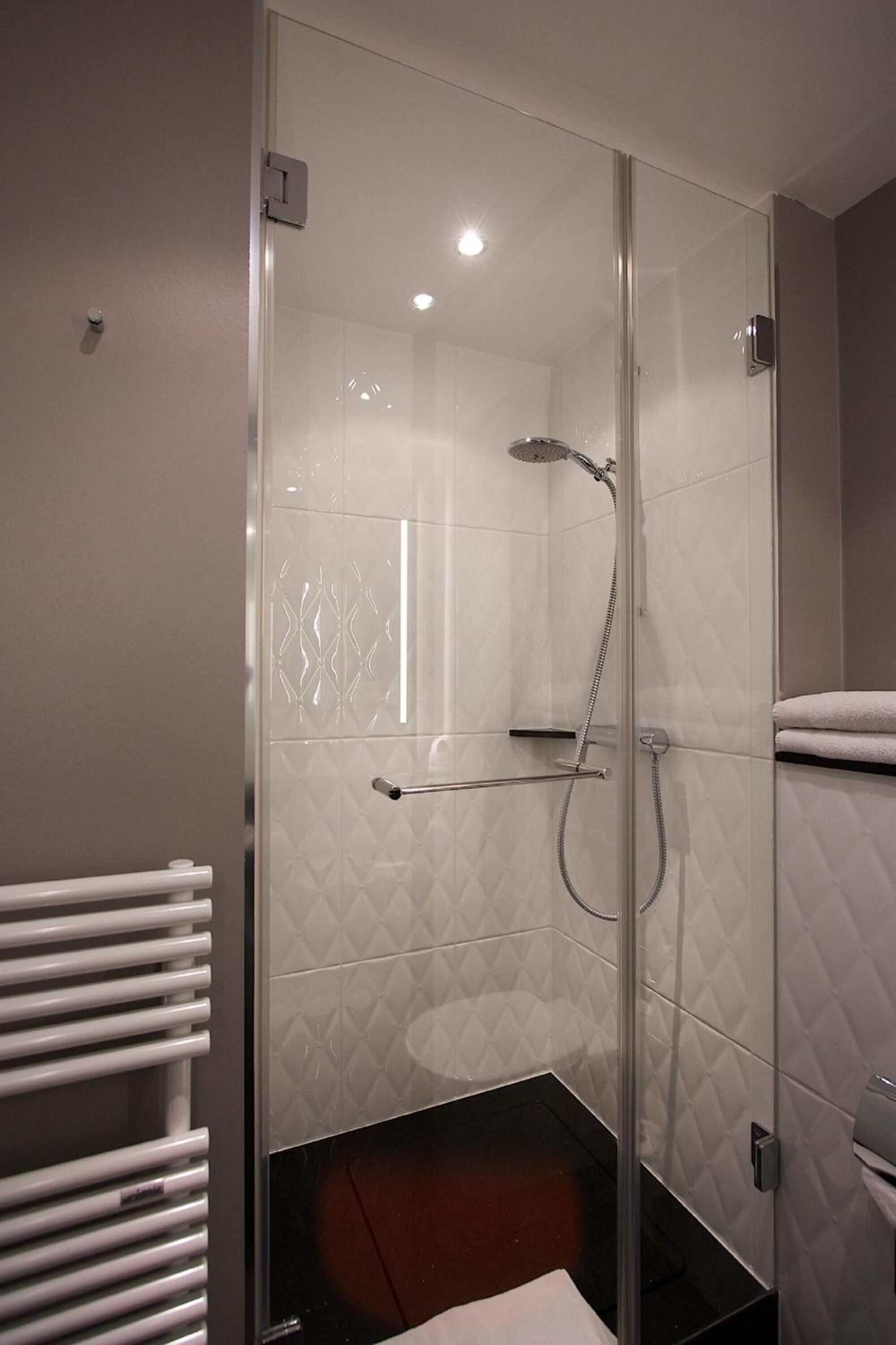 shower, free toiletries, hair dryer, towels