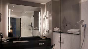 Shower, free toiletries, hair dryer, towels
