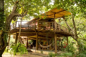 Una casa en el árbol con una terraza de madera y una hamaca.