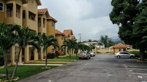 A residential street with houses, palm trees, and parked cars.