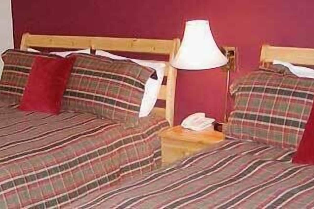 Una cama con ropa de cama a rayas y almohadas rojas, una mesita de noche con una lámpara y un teléfono.