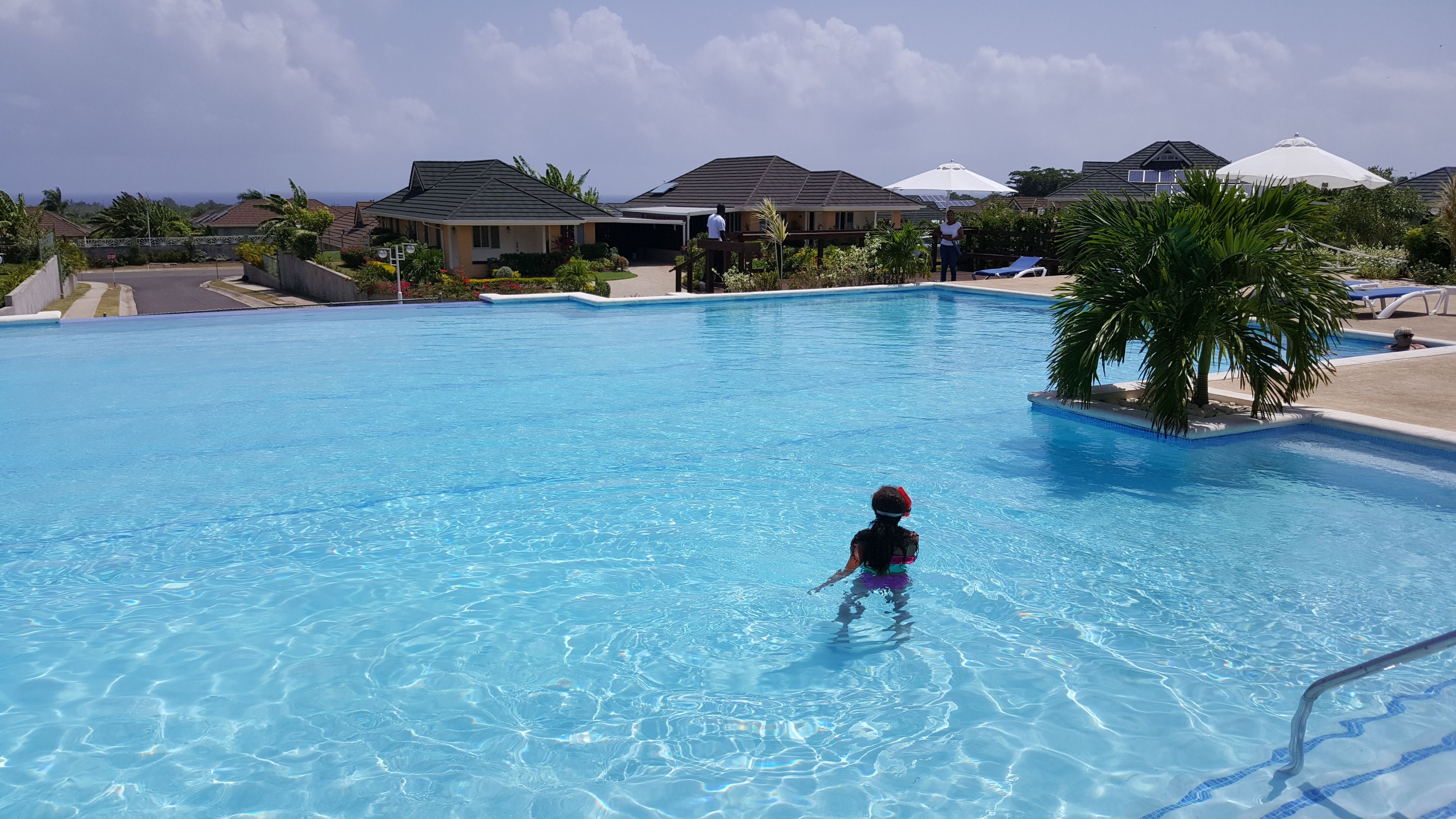 Outdoor pool, pool umbrellas, pool loungers