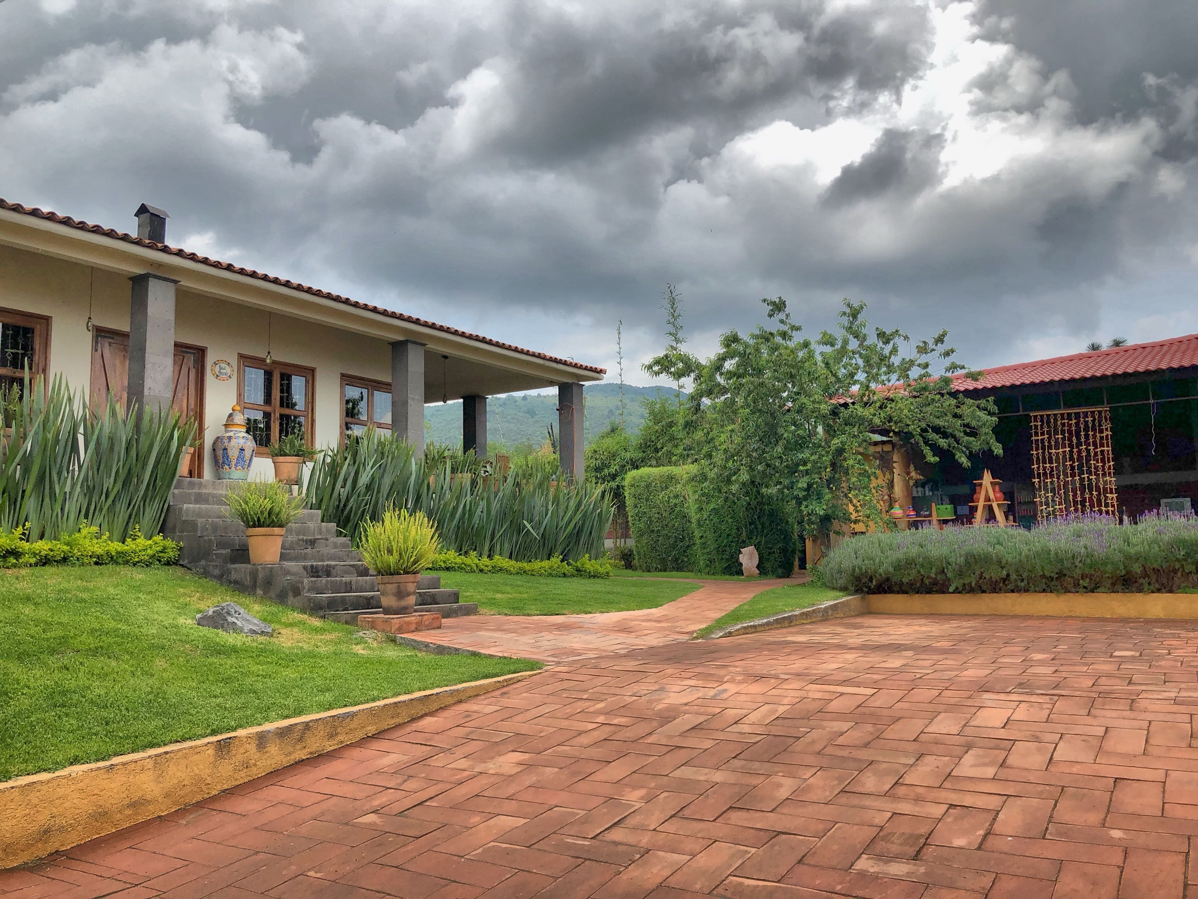 A house with a paved driveway, potted plants, and a view of the mountains.