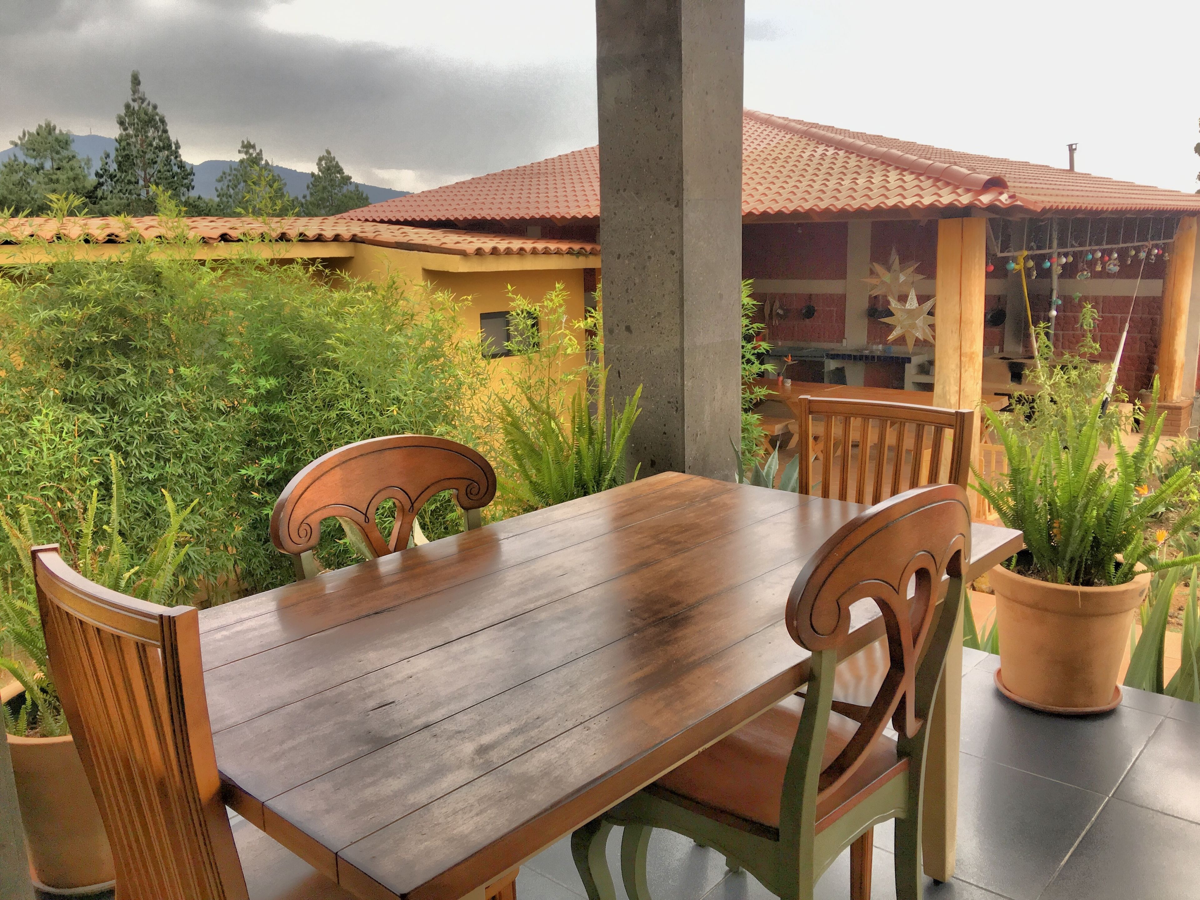 Une table en bois, entourée de chaises et de plantes en pot, est placée sur une terrasse d’où l’on peut admirer un bâtiment dont le toit est recouvert de tuiles.
