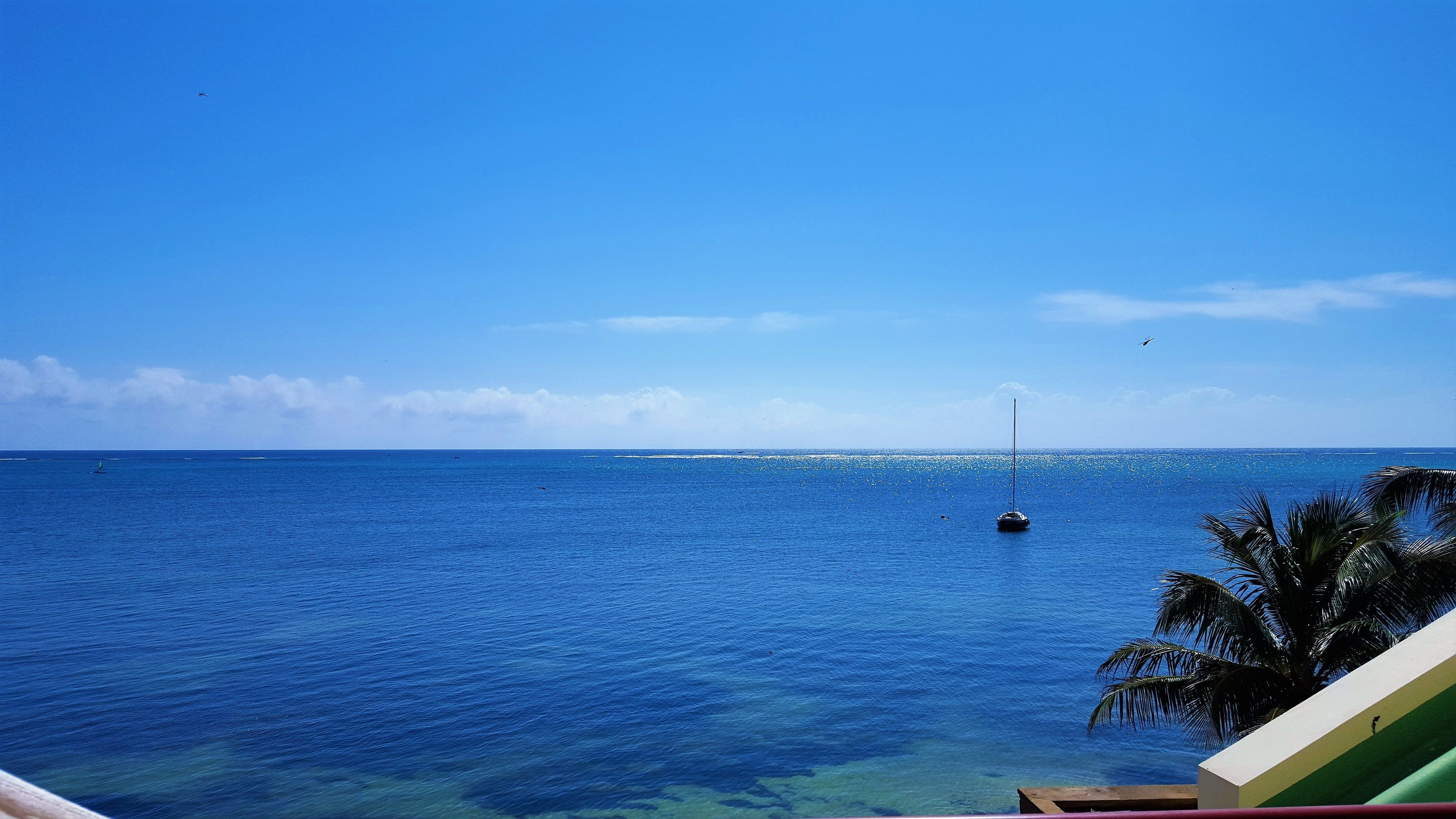 A clear view of the ocean with a sailboat in the distance.