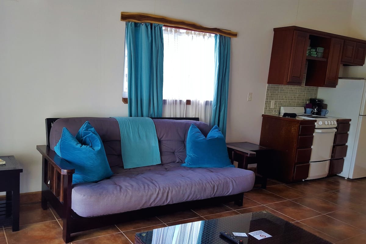 A living room with a sofa, a coffee table, a small table, and a kitchen area with cabinets and appliances.