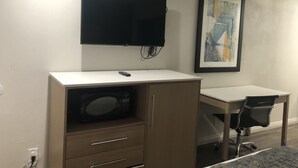 A compact room with a desk, a television mounted above it, a microwave, and a framed abstract painting on the wall. - Cali Inn (Carson)