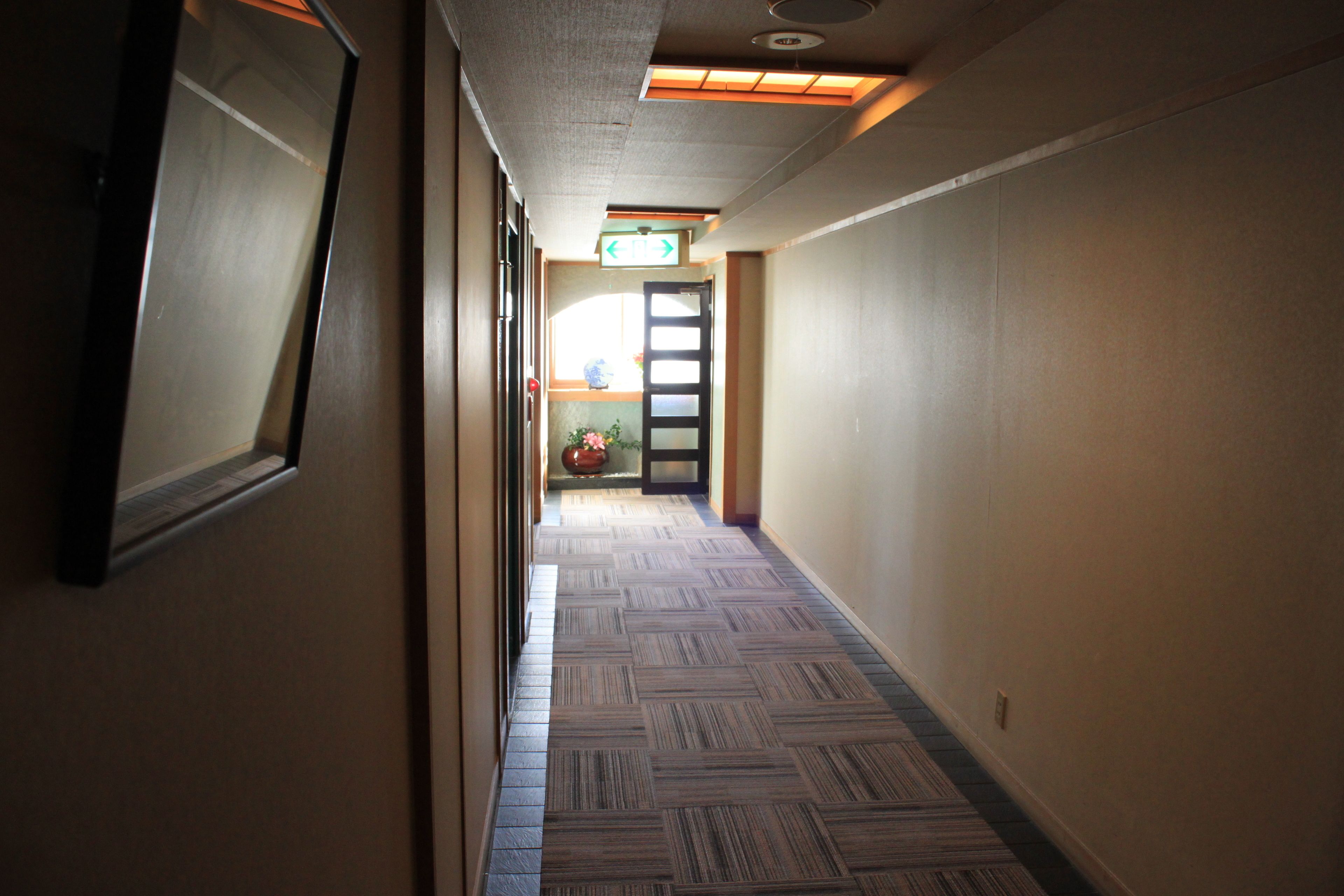 A hallway with patterned carpet, a door at the end, and a light fixture on the ceiling.