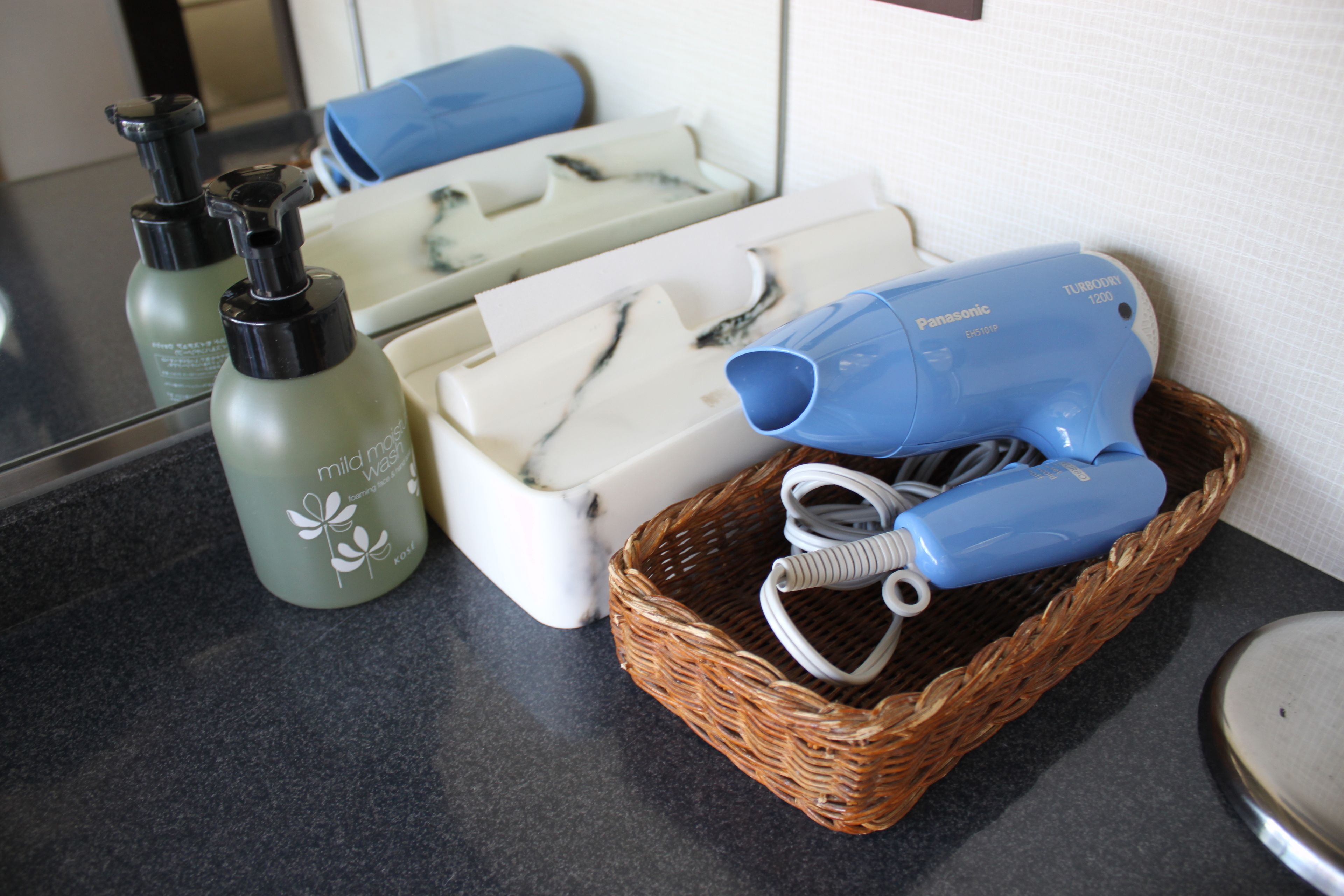 A bathroom counter with a hairdryer, a bottle of shampoo, and a soap dish.