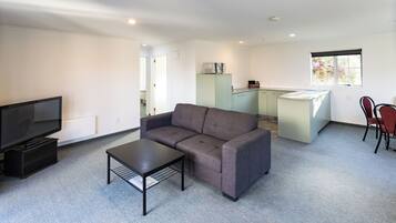 A modern living room with a sofa, a coffee table, a TV, and a kitchenette area.