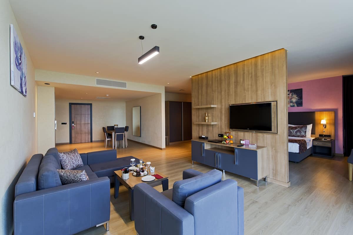 Una sala de estar moderna con un juego de sofá, una mesa de comedor y una zona de cocina con televisor.
