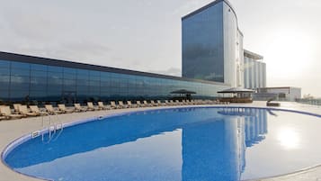 Indoor pool, outdoor pool, sun loungers