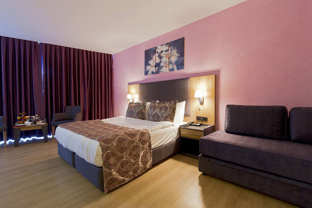 Una habitación de hotel con una cama, un sofá, un escritorio con una lámpara y un cuadro floral en la pared.