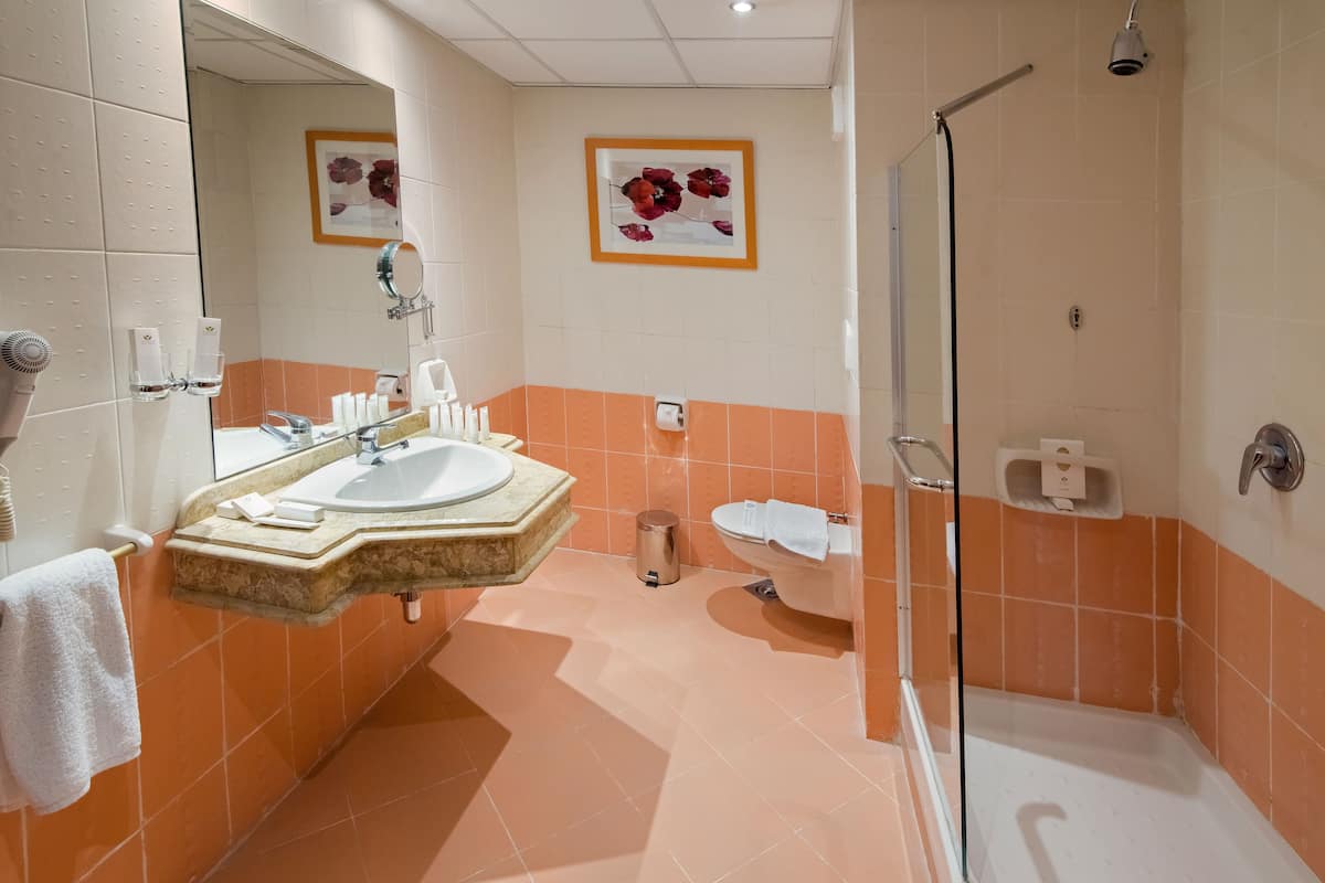 shower, free toiletries, slippers, towels