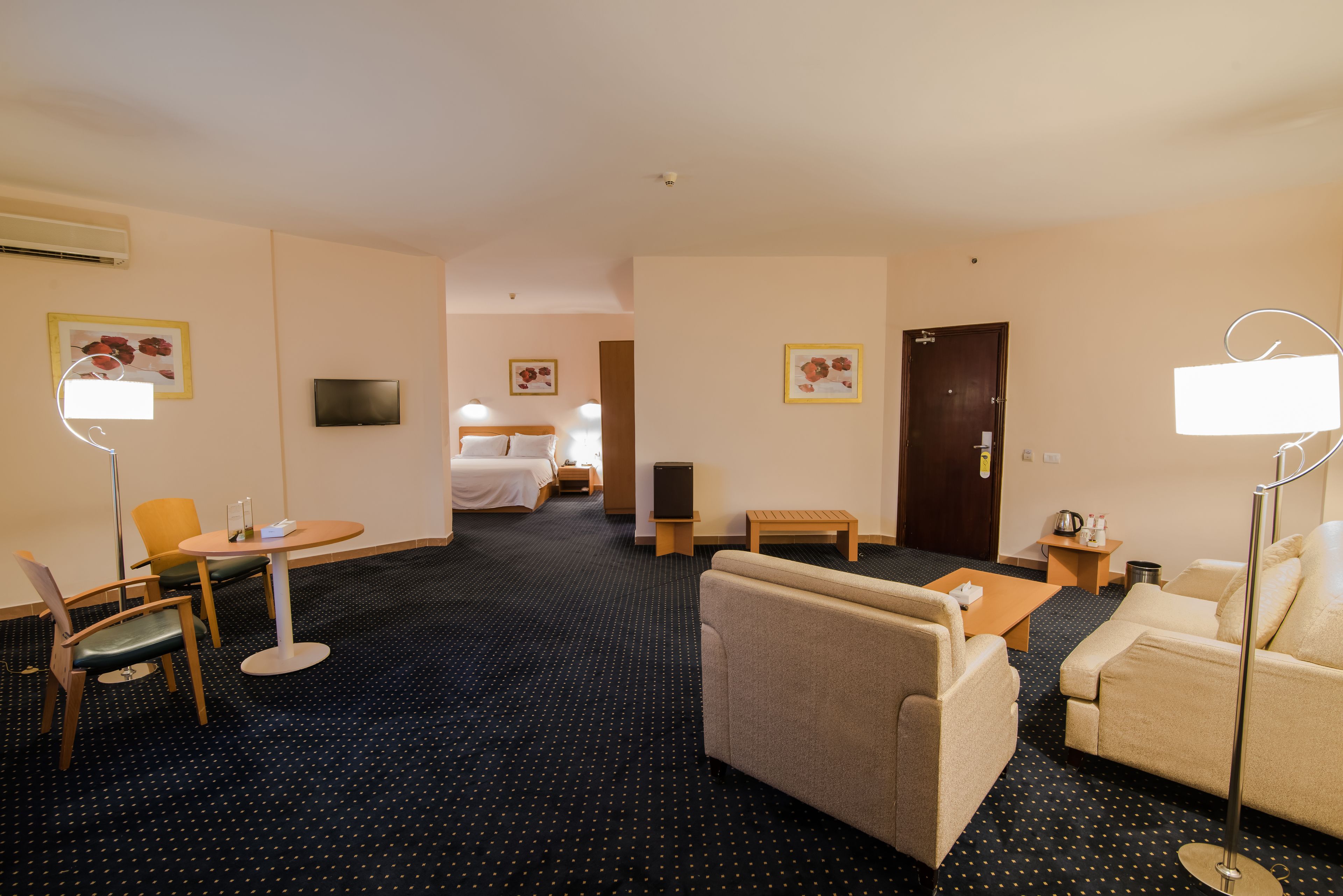Habitación de hotel con cama, sofá, sillón, mesita, lámpara y televisión.