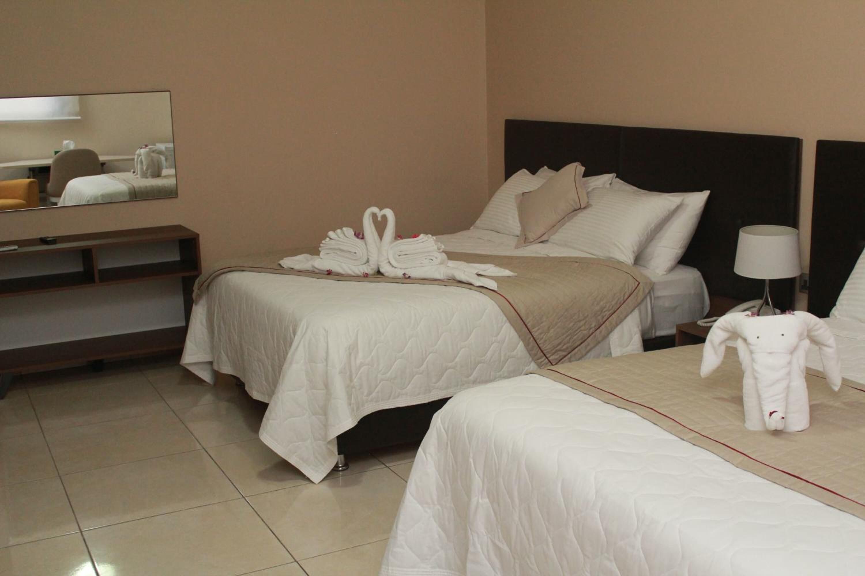 Habitación de hotel con dos camas, un espejo, un televisor y una lámpara.