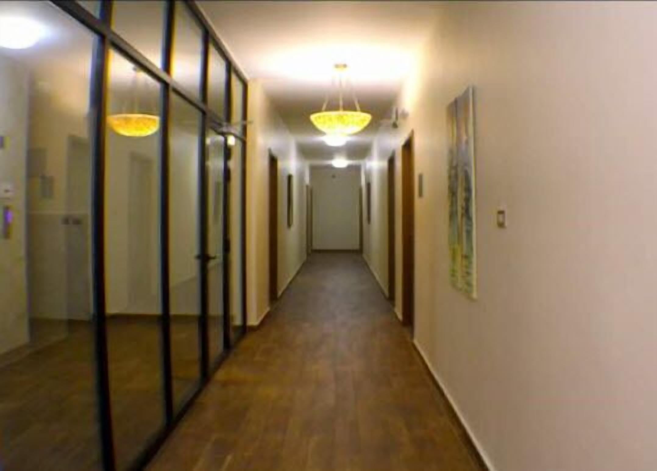 A narrow hallway with wooden flooring, glass doors on one side, and a hanging light fixture.