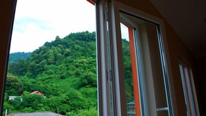 A view through a window with a mountain landscape, including a red-roofed building and dense greenery. - Hotel Egrisi (Batumi)