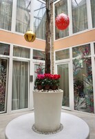 A potted plant with red flowers on a white pedestal in a building with large windows and a glass ceiling.