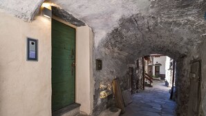 A narrow stone pathway leading to a green door, with a keypad on the wall and a staircase to the right. - Maison La Saxe (Courmayeur)
