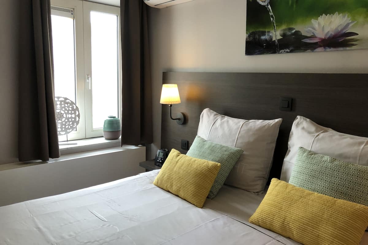 comfort double room | desk, laptop workspace, blackout curtains, iron/ironing board