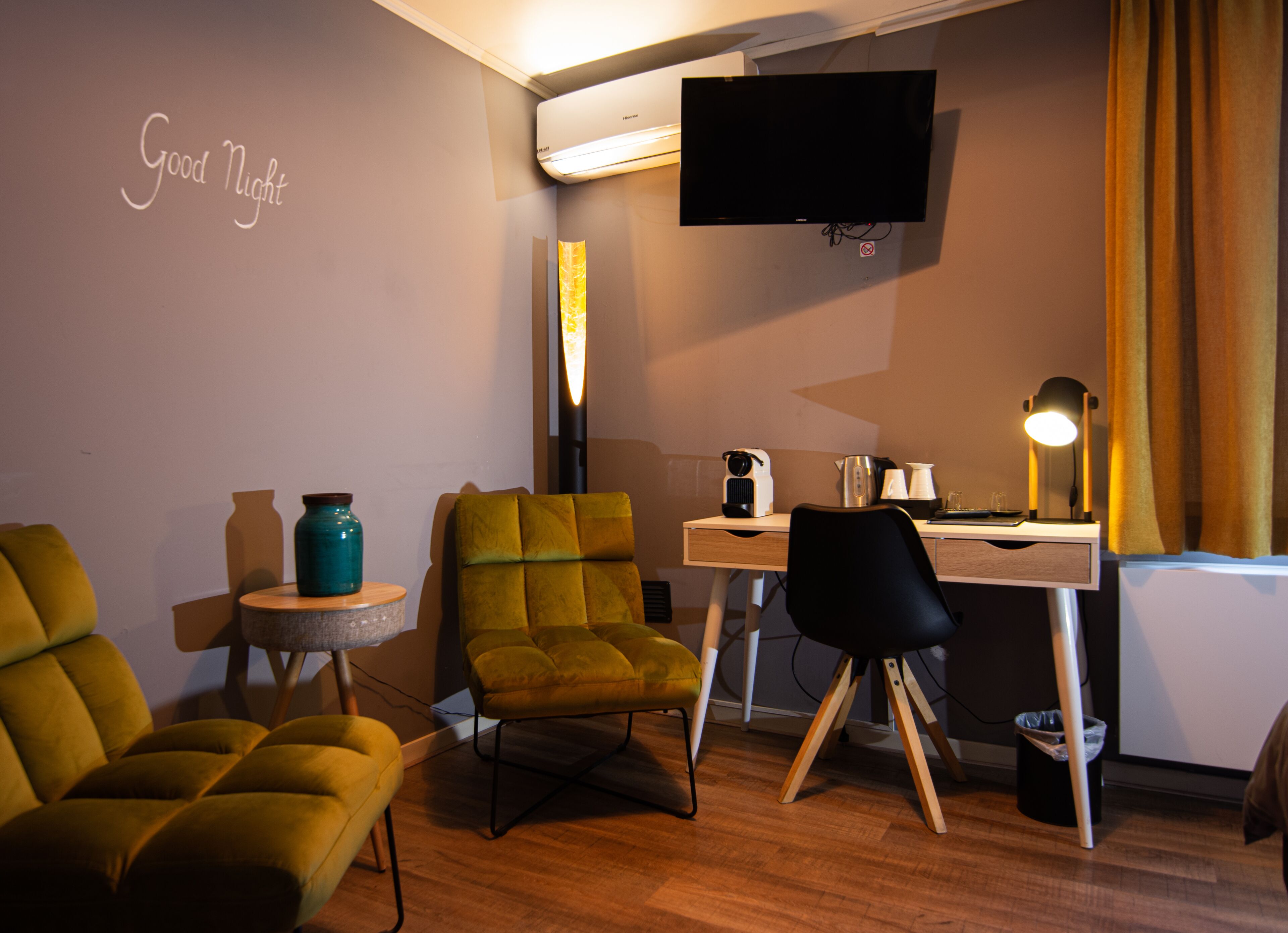 deluxe double room | desk, laptop workspace, blackout curtains, iron/ironing board