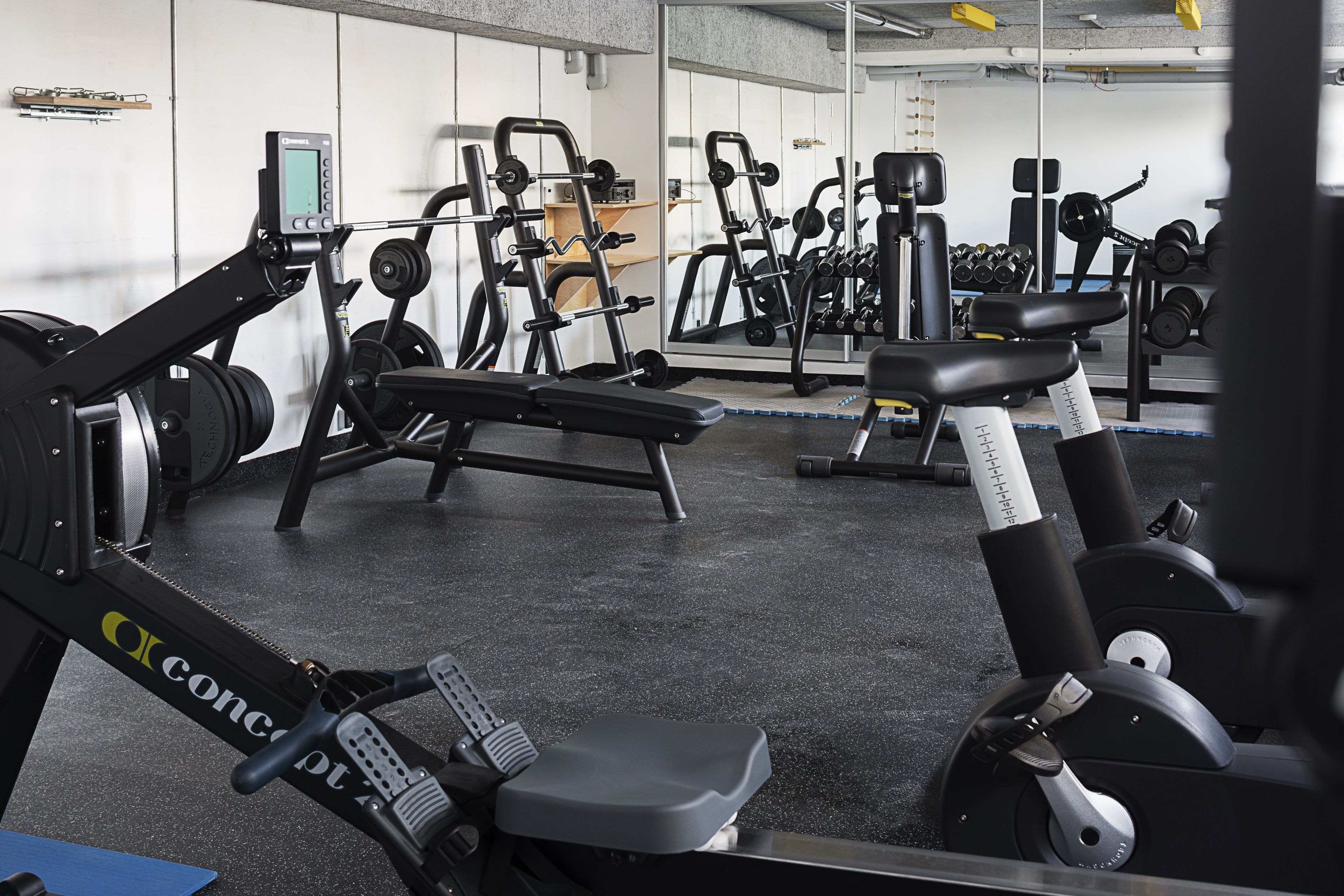A gym with exercise equipment including treadmills, weight machines, and dumbbells.