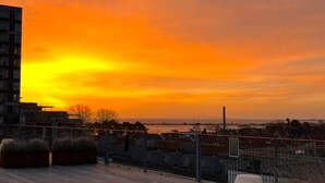 Terraza en la azotea con vistas al atardecer, que incluye una lámpara moderna y macetas.